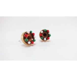 Boucles d'oreille, clou Beigne - chocolat et mini billes vertes / rouges / blanches | Puces