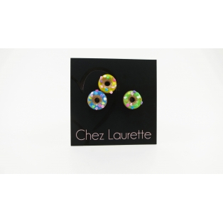 Boucles d'oreille, clou Donuts asymétrique - Vert / confettis multicolores et duo Bleu & Jaune / confettis multicolores