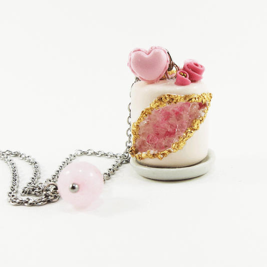 Gâteau Géode Quartz Rose (Macaron coeur) - Pièce unique